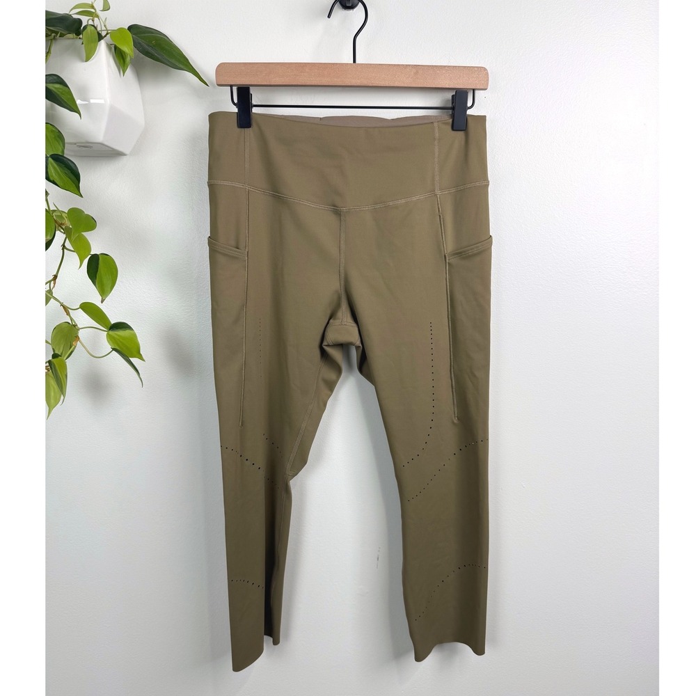 Brooks Method 7/8 Running Leggings Olive Green Tan Pockets L Athletic Workout